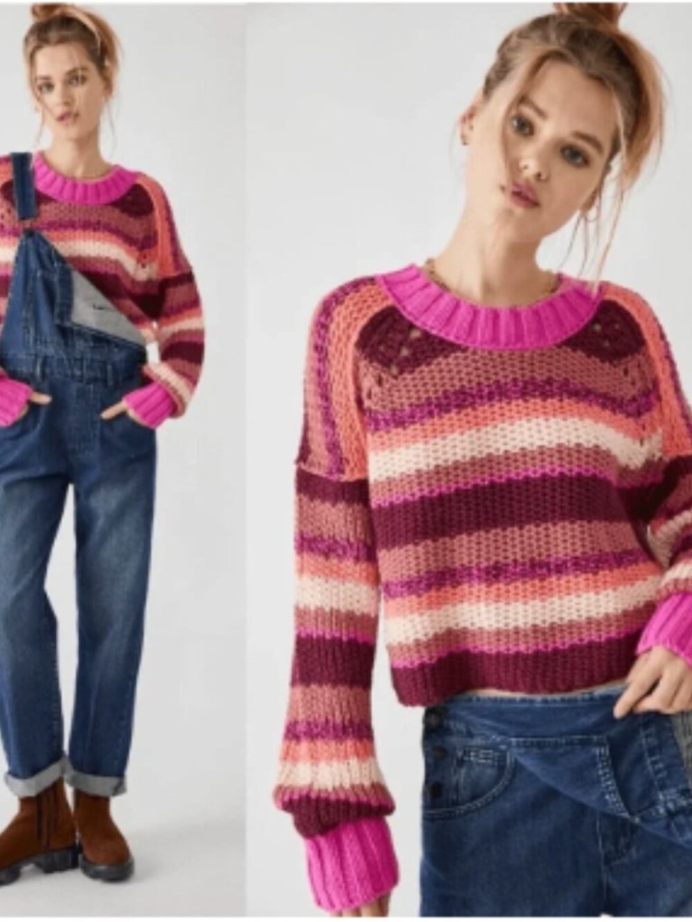 Free People Devon Sweater Striped Crewneck Cropped Oversized Pink Fuschia XL